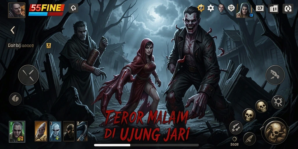 Tampilan gameplay 55FIVE dengan atmosfer mencekam dan makhluk menyeramkan.