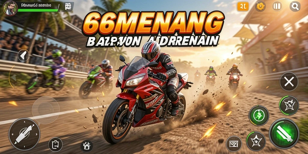 Screenshot gameplay 66MENANG menampilkan aksi balapan motor yang mendebarkan.