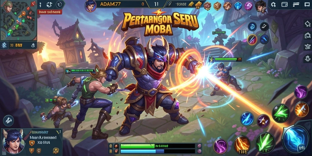 Screenshot gameplay ADAM77 dengan aksi seru di arena MOBA.