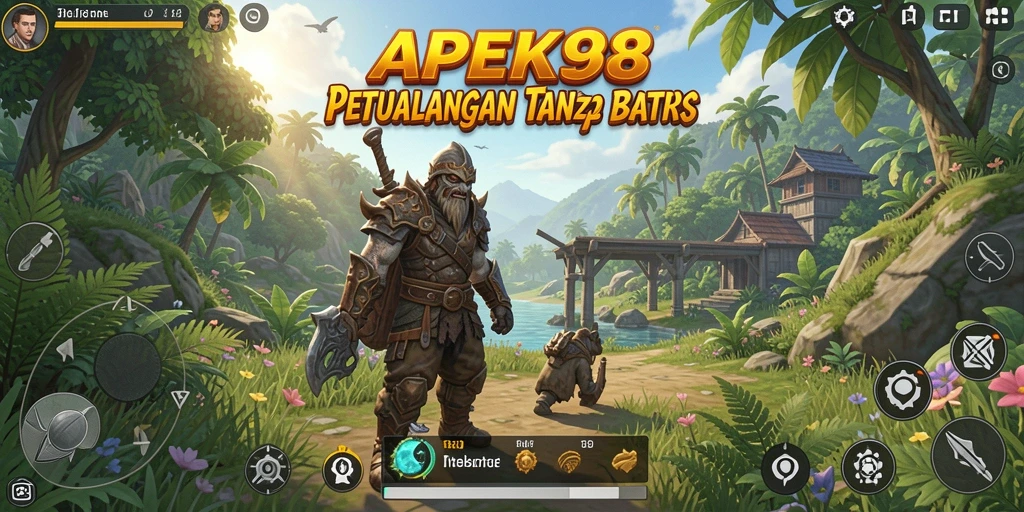 Screenshot APEK88 menampilkan pemain menjelajahi hutan lebat dan pegunungan.