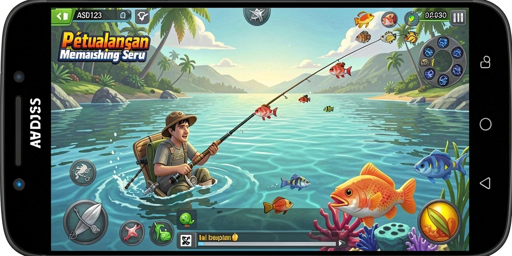 Screenshot gameplay ASD123 menunjukkan aksi memancing di danau yang indah.