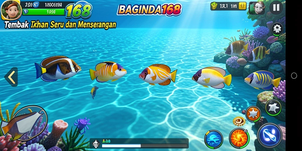 Screenshot gameplay BAGINDA168 menampilkan berbagai ikan dan senjata menangkap yang beragam.