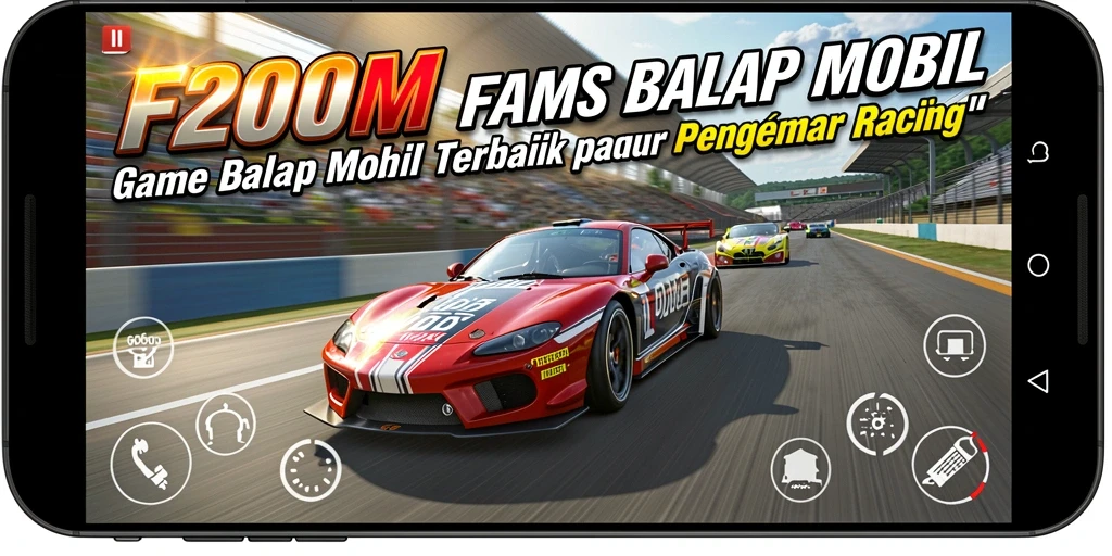 Screenshot F200M menampilkan gameplay balap mobil yang mendebarkan.