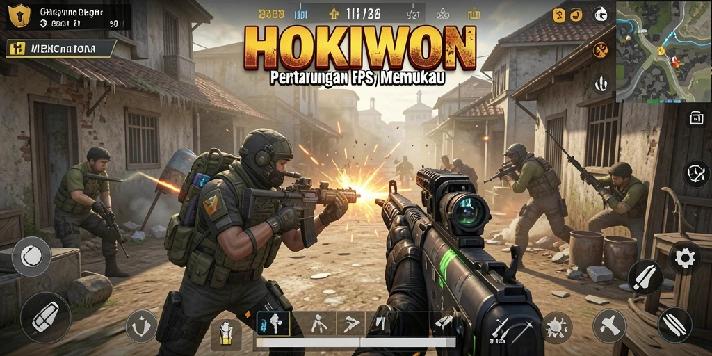 Tampilan penuh aksi dalam permainan FPS HOKIWON membuat setiap momen menegangkan.