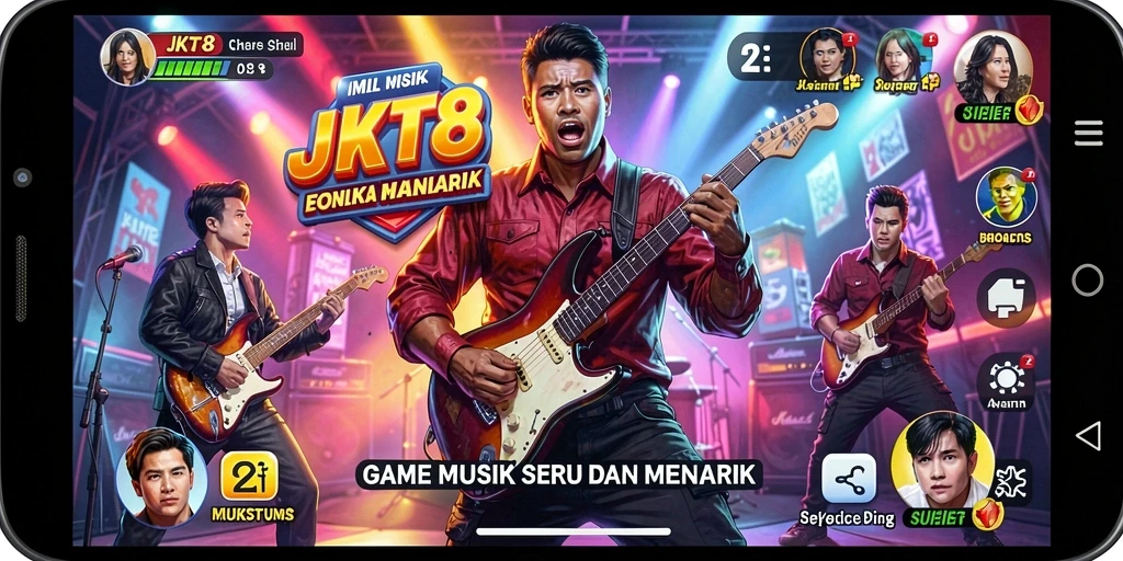 Tampilan gameplay JKT8 dengan berbagai lagu terkenal.