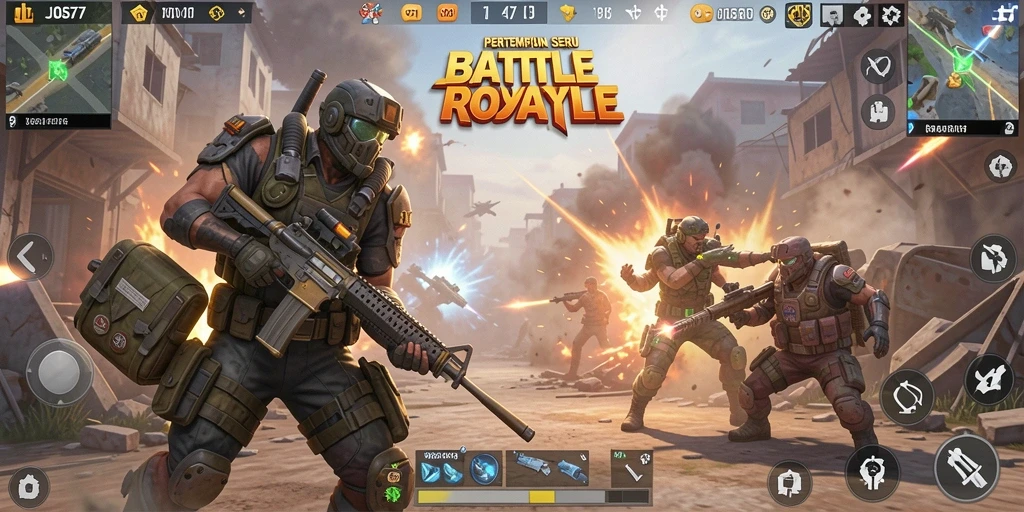 Screenshot utama JOS77 menunjukkan aksi intens dalam pertempuran Battle Royale.