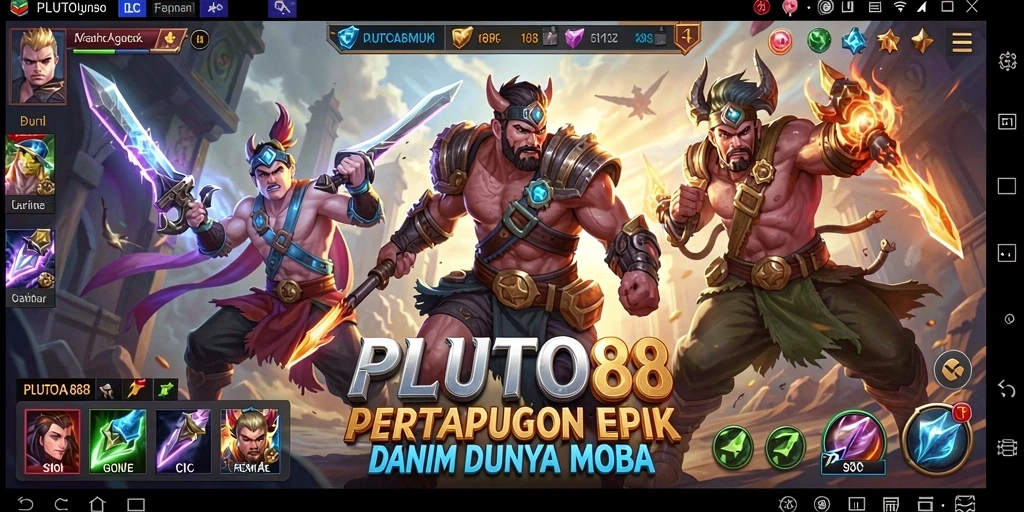 Screenshot utama PLUTO88 menampilkan aksi pertempuran intens dalam game MOBA.