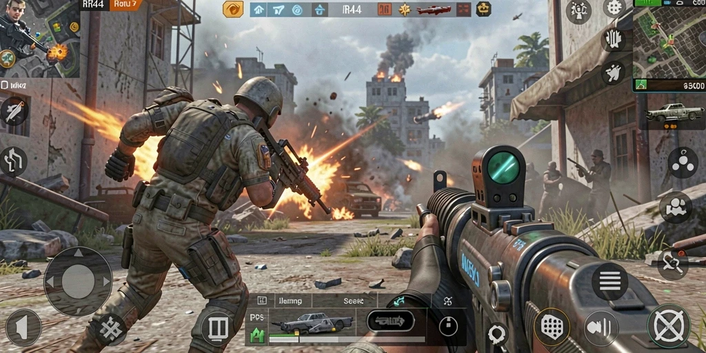 Screenshot gameplay RR44 yang menunjukkan aksi pertempuran mendebarkan.