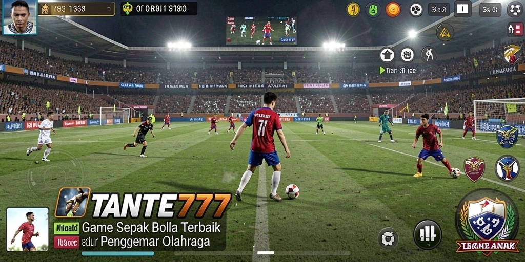 Tampilan gameplay menegangkan dalam TANTE777 dengan aksi sepak bola seru.