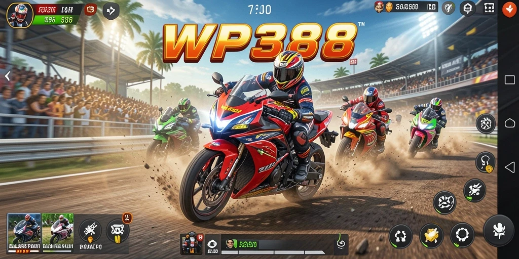Tampilan gameplay WP888 dengan balapan motor yang seru dan menegangkan.